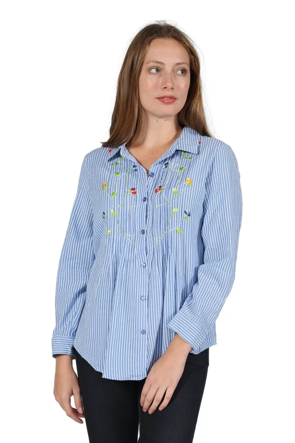 La Cera™ Seersucker Embroide Button Front Shirt