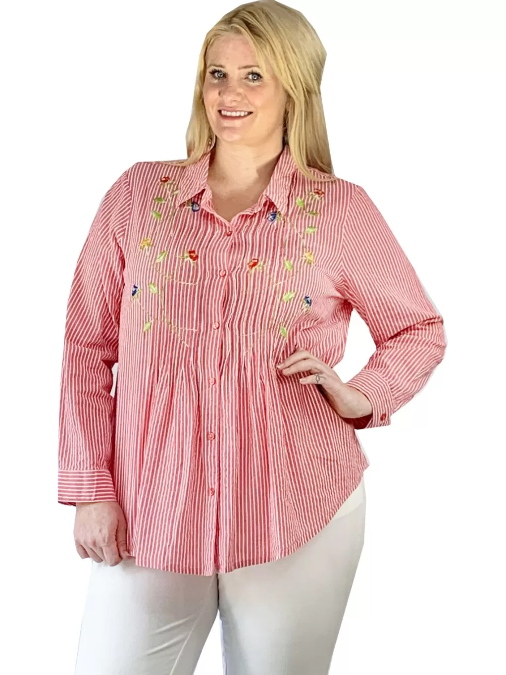 La Cera™ Seersucker Embroide Button Front Shirt - Plus Size