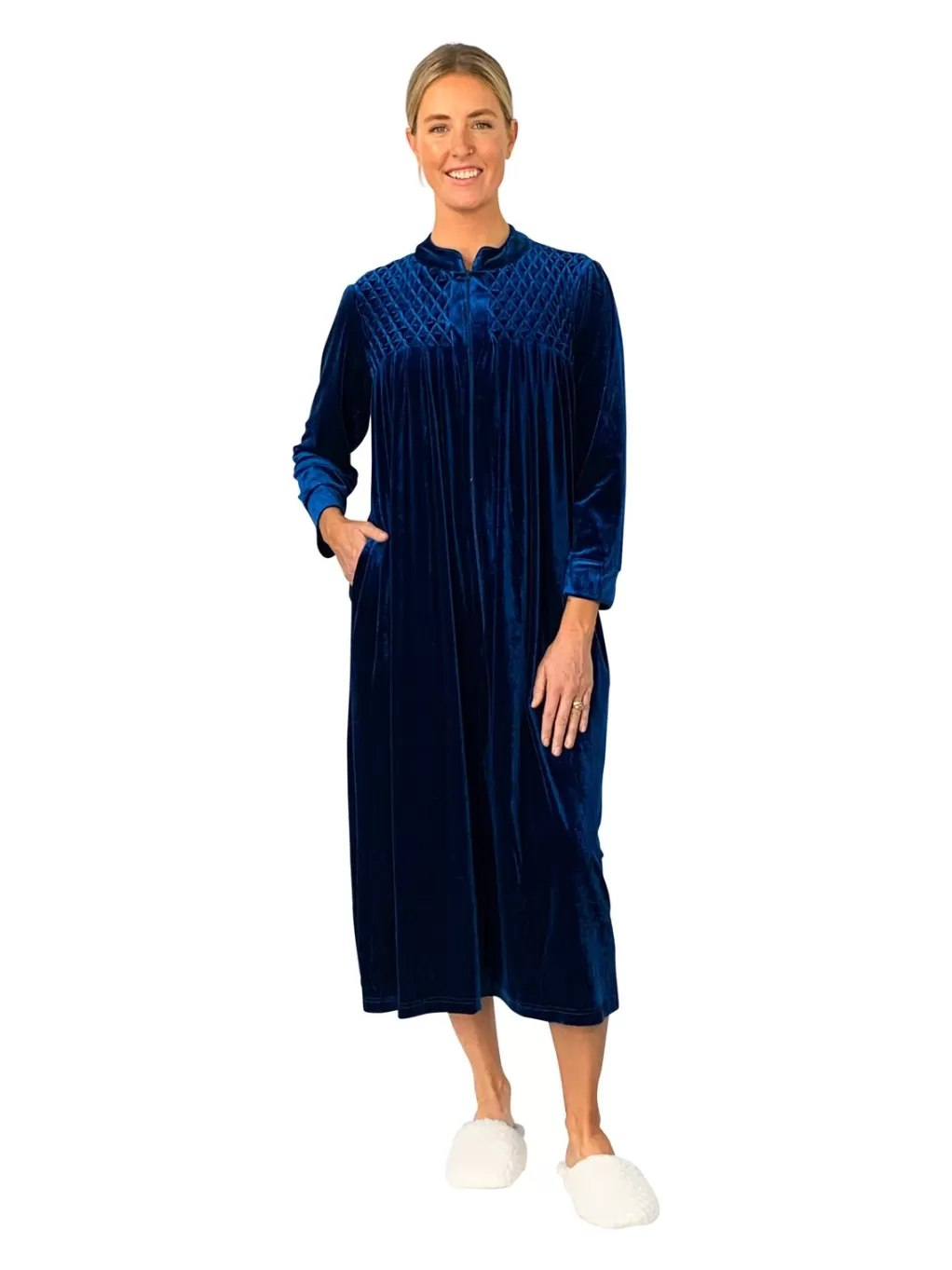 La Cera™ Smocked Velour Zip Front Robe