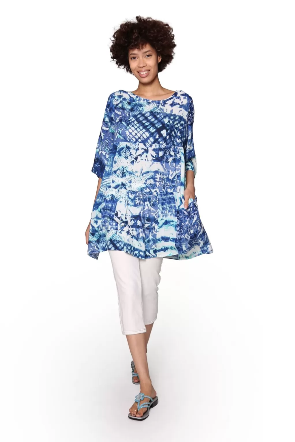 La Cera™ Tiered Batik Print Swing Top - Plus Size
