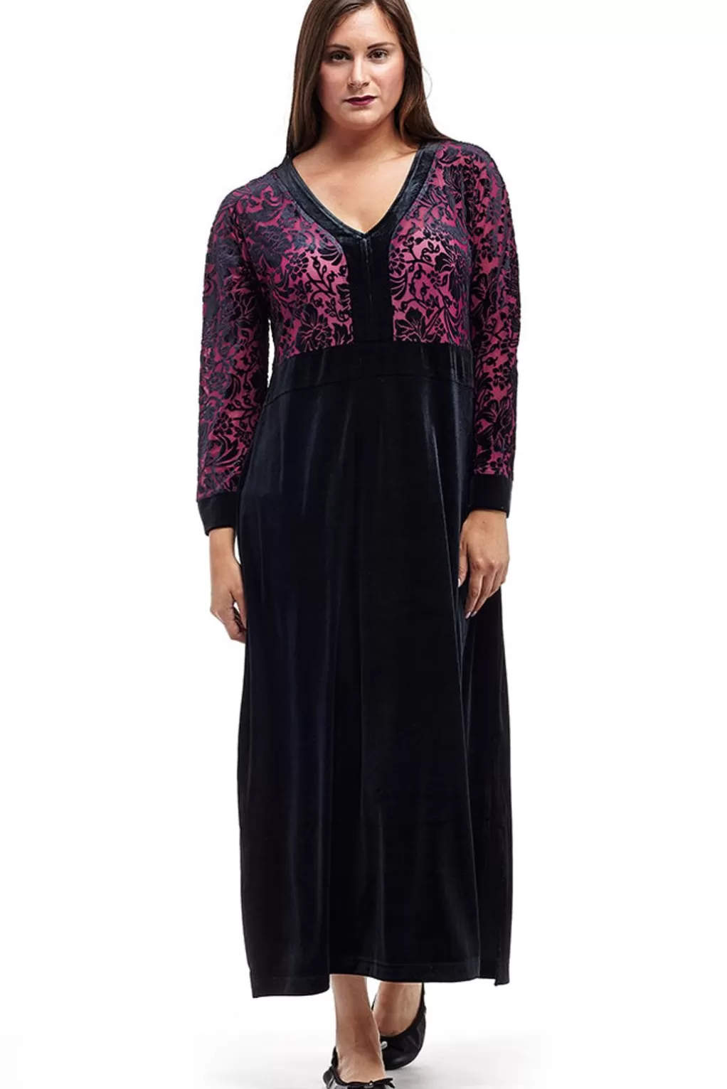 La Cera™ Velour Burnout Jacquard Trimmed Dress