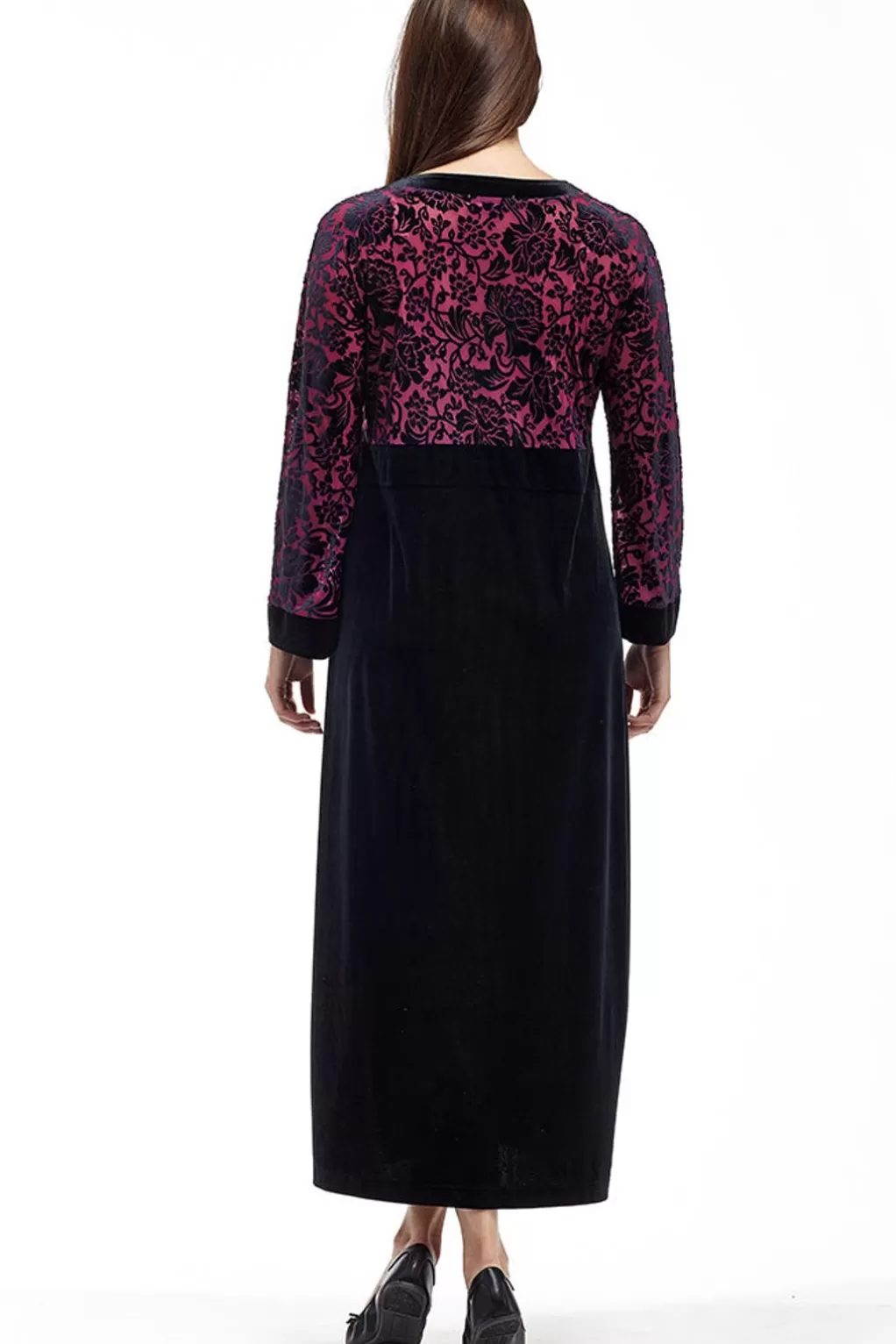 La Cera™ Velour Burnout Jacquard Trimmed Dress