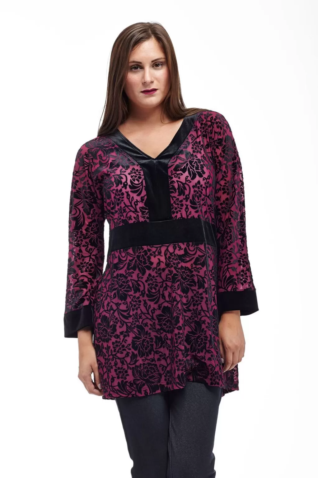 La Cera™ Velour Burnout Jacquard Trimmed Tunic