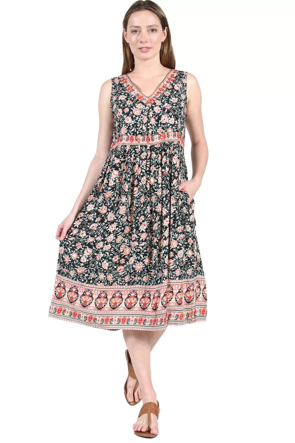La Cera™ V-Neckline Empire Waist Border Print Dress