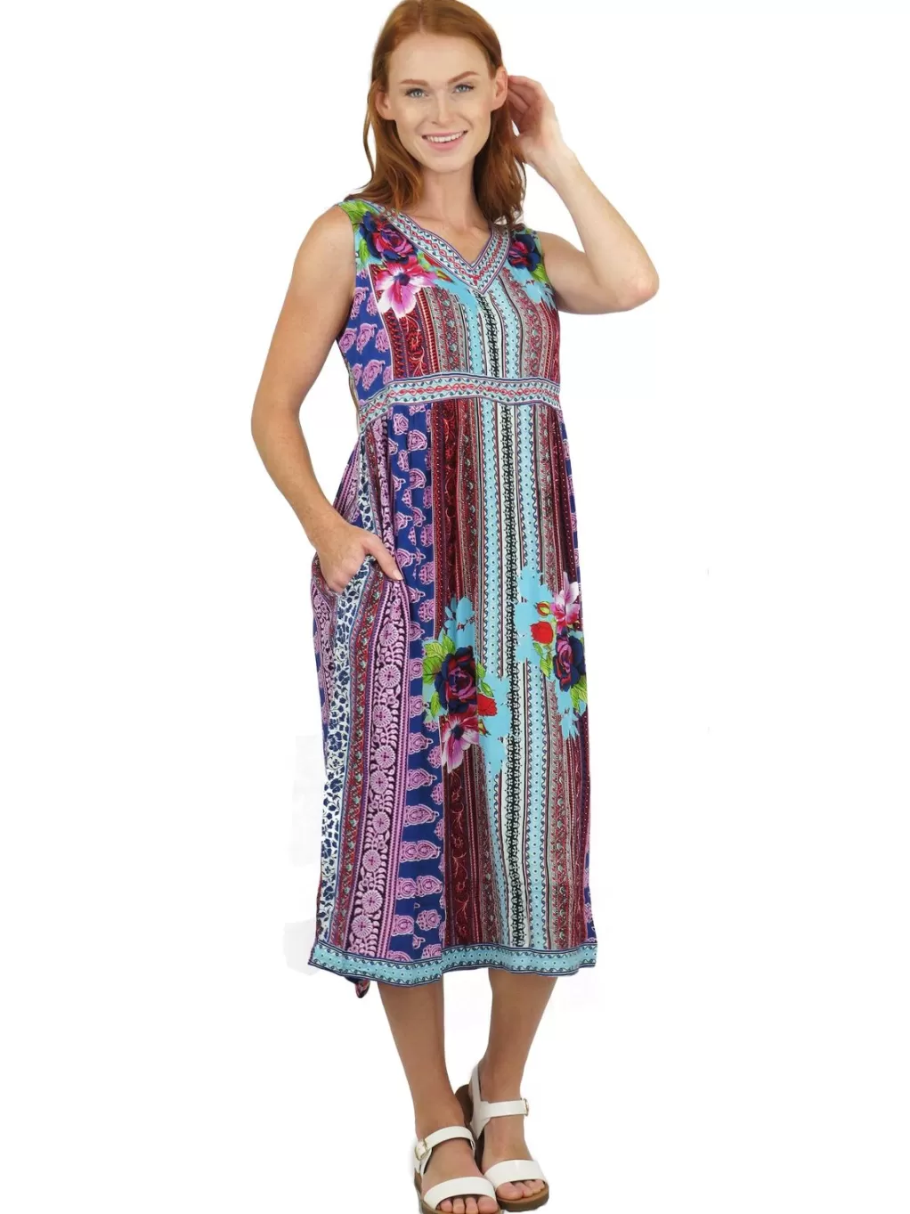 La Cera™ V-Neckline Empire Waist Border Print Dress