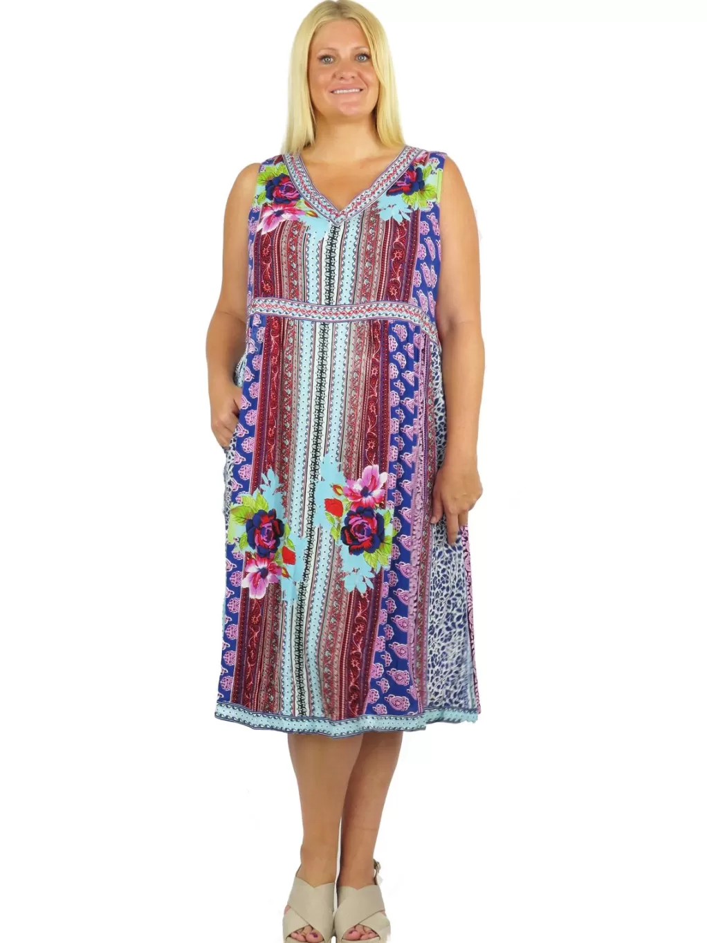 La Cera™ V-Neckline Empire Waist Border Print Dress - Plus Size