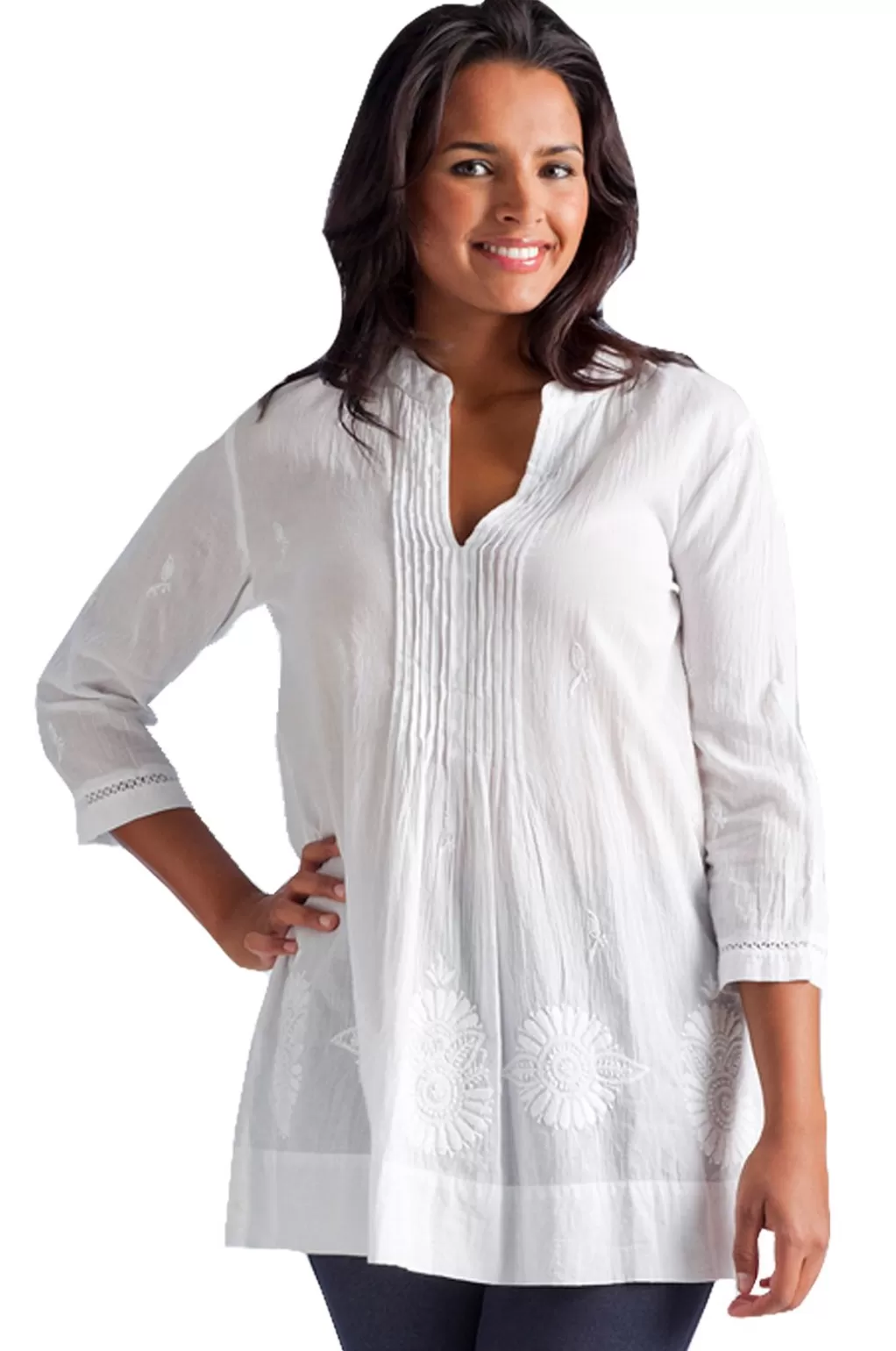 La Cera™ White Floral Embroidered Pleated Blouse